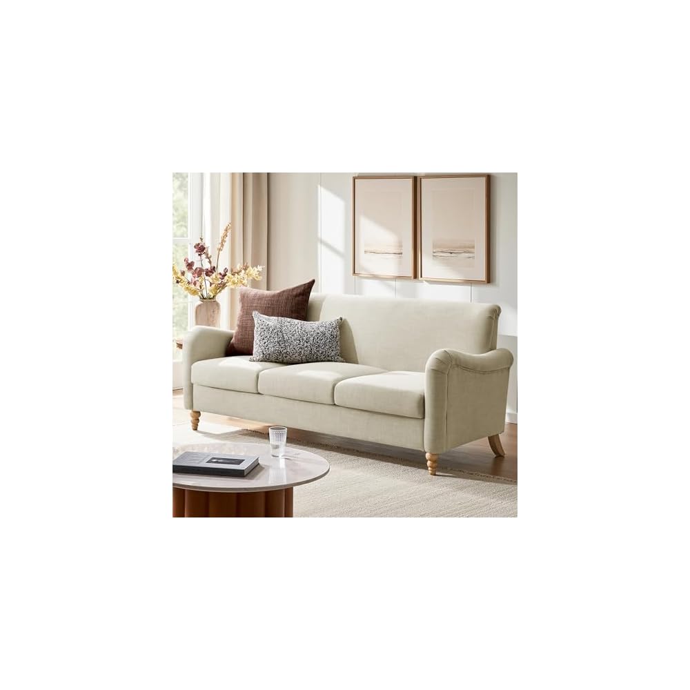 Farmhouse Curved Couch, 3 Seater Upholstered Sofa, Linen