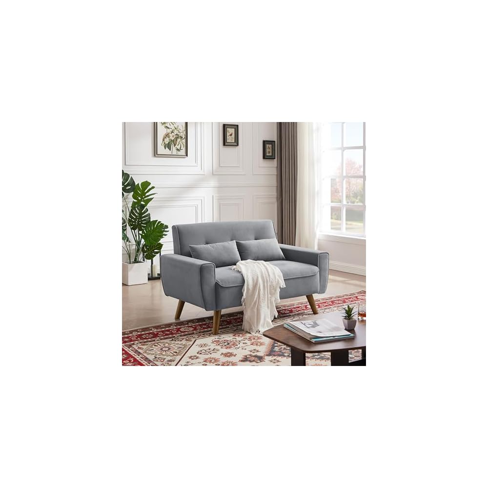 48" Small Loveseat Sofa, Modern Linen Fabric Love Seat Couch, Upholstered 2-Seat Sofa with 2 Pillows and Wood Legs for Living Room, Apartment, Bedroom and Small Spaces,LightGrey