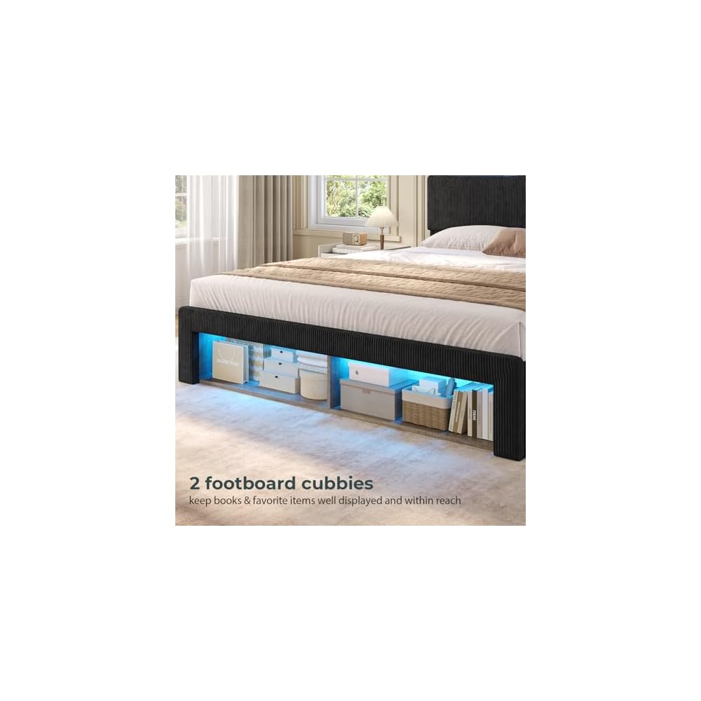 Queen Bed Frame with 4 Storage Drawers & Headboard, Corduroy Black