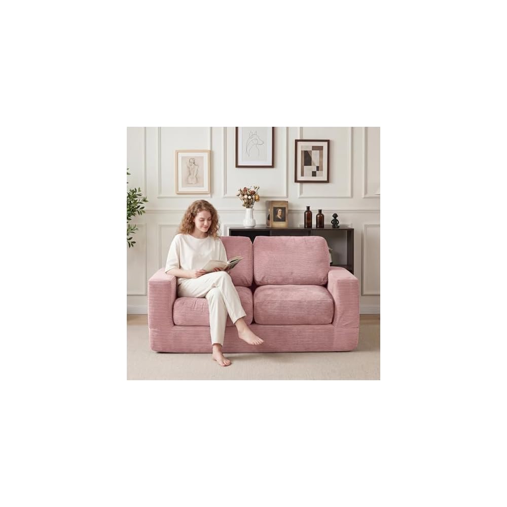 2-Seater Floor Couch, Loveseat Foam Sofa with Removable Corduroy Cover, Back & Seat Cushions, No Assembly, Boneless Loveseat Sofa for Small Spaces, Apartment, Living Room (Pink)