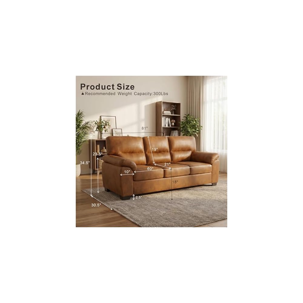 81" Faux Leather Sofa, Mid-Century Modern 3 Seater Couch, Light Brown