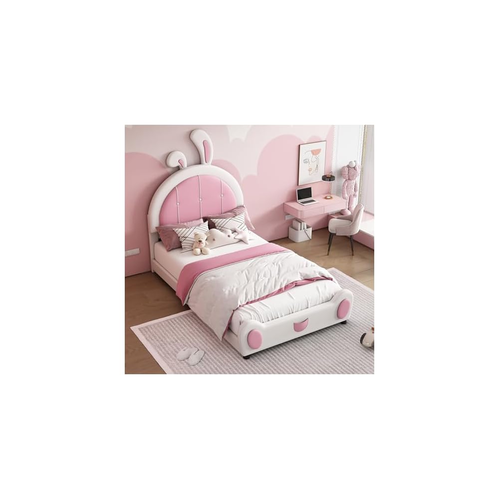 Twin Size Upholstered Platform Bed with Rabbit Shaped Headboard, White and Pink PU Bed Frame, Cute Cartoon Ear Design for Children Bedroom, Wooden Slat Support, No Box Spring Needed