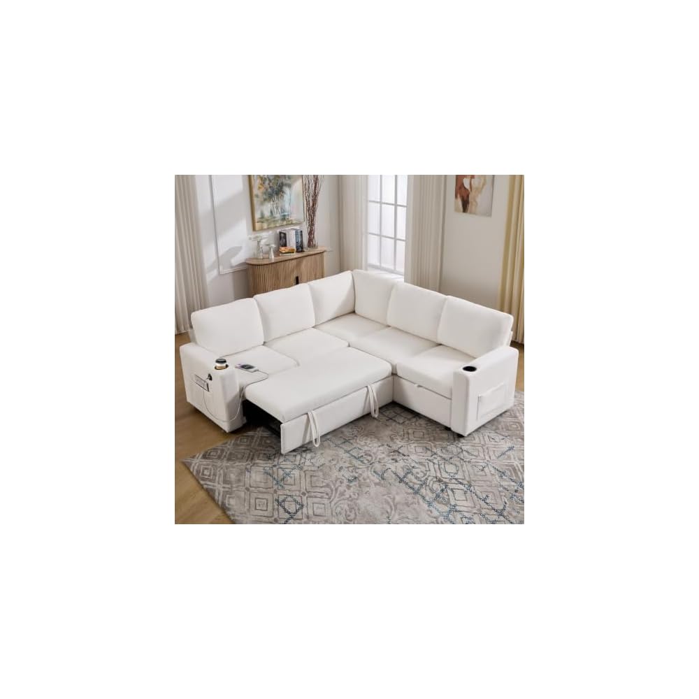 L Shaped Sofa Bed, Sectional Couch with Pull Out Bed, Beige
