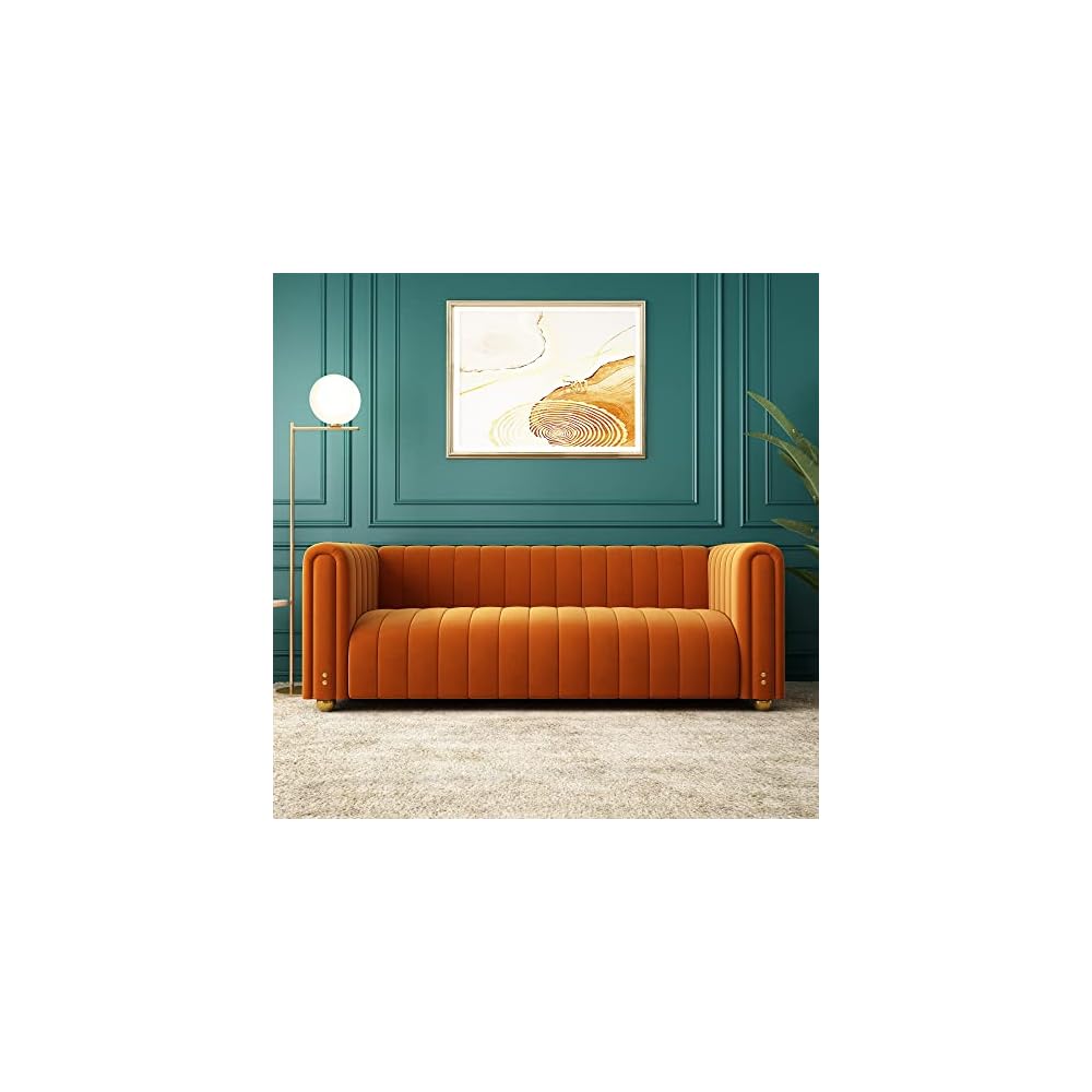 Tufted Couch Chesterfield Velvet Sofa Upholstered 81" W 3-Seater Comfy Sofa for Living Room, Bedroom, Office, Apartment (Orange)