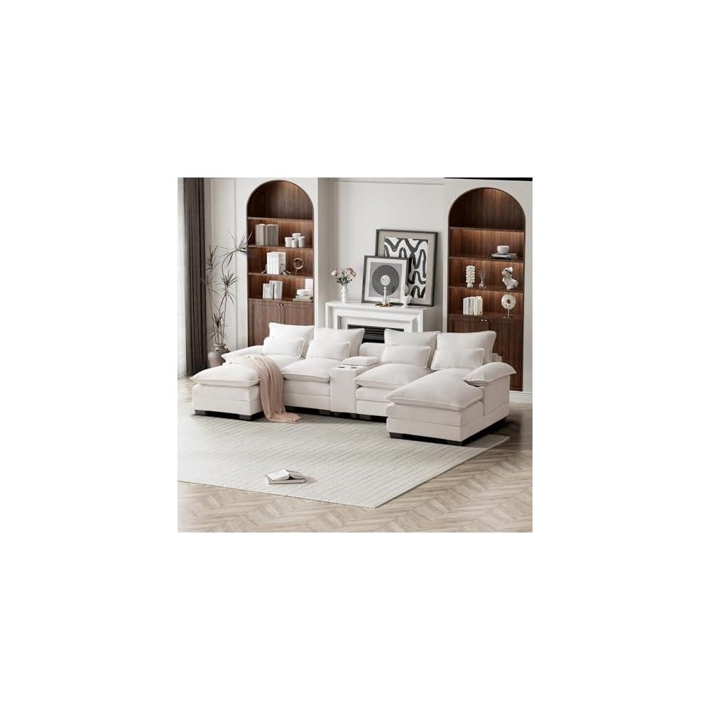 124" Oversized U Shaped Cloud Couch Modular Sectional Couches for Living Room Comfy Chenille Deep Seat Sofa Set with Double Chaise Lounge, Storage Central Console, Cup Holders, USB Port, Beige