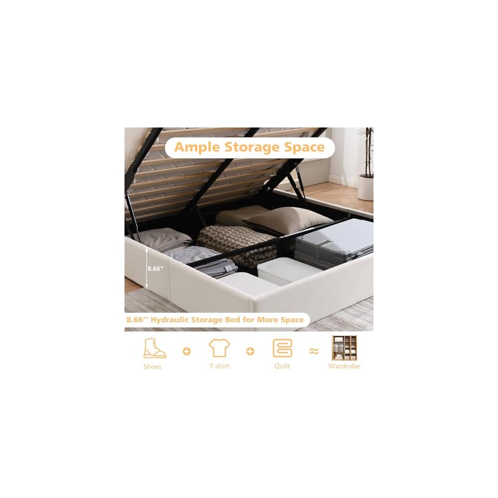 Queen Lift Up Storage Bed Frame, Velvet-Look Upholstered Bed with Modern Wingback Headboard, Gas Lift Storage, Wood Slat Support, No Box Spring Needed, White