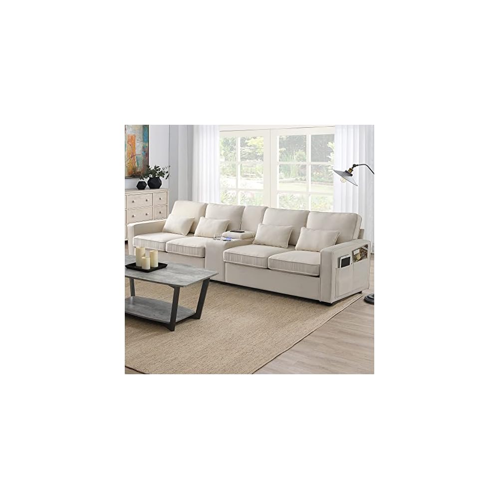 Upholstered Sectional Sofa with Console, 2 Cup Holders and 2 USB Ports & Wirelessly Charged, Modern Linen Fabric 4-Seat Couch with 4 Pillows for Living Room, Apartment, Office, 114.2inch