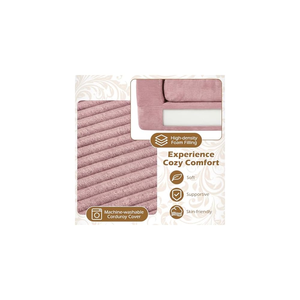 2-Seater Floor Couch, Loveseat Foam Sofa with Removable Corduroy Cover, Back & Seat Cushions, No Assembly, Boneless Loveseat Sofa for Small Spaces, Apartment, Living Room (Pink)