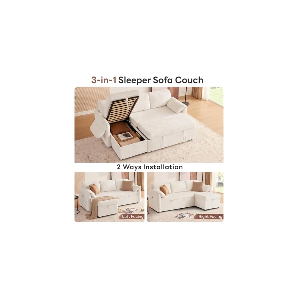 83'' 3 in 1 Sleeper Sofa Couch with USB & Storage Chaise, Sherpa Sofa Bed with Pull Out Bed, Convertible Sleeper Sofas for Living Room, Small Spaces, White
