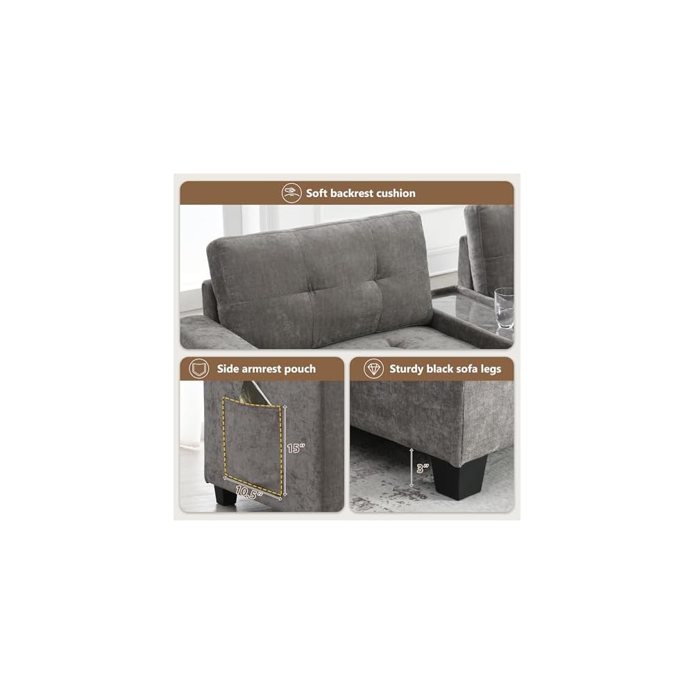 104'' Sectional Sofa with Acrylic Table Top,Chenille U Shaped Couch Set with 2 Consoles,USB Charger,Storage Drawers and Pockets,Movable Ottoman,Tufted Sofa for Living Room,Apartment, Gray