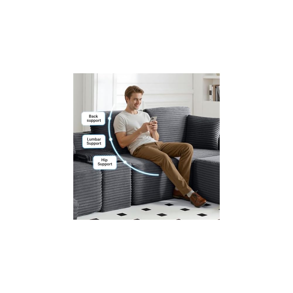 150 Inch Modular Sectional Sofa Couch, Oversized Modern Cloud Couch for Living Room, U Shape Couches with 2 Ottomans, USB Ports and Cup Holders, Corduroy Boneless Sofas, Sofa in a Box, Grey