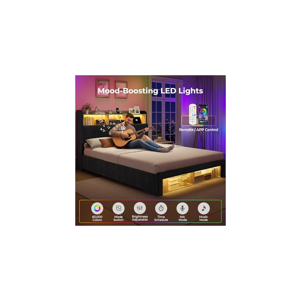 Queen Bed Frame with 4 Storage Drawers & Headboard, Corduroy Black
