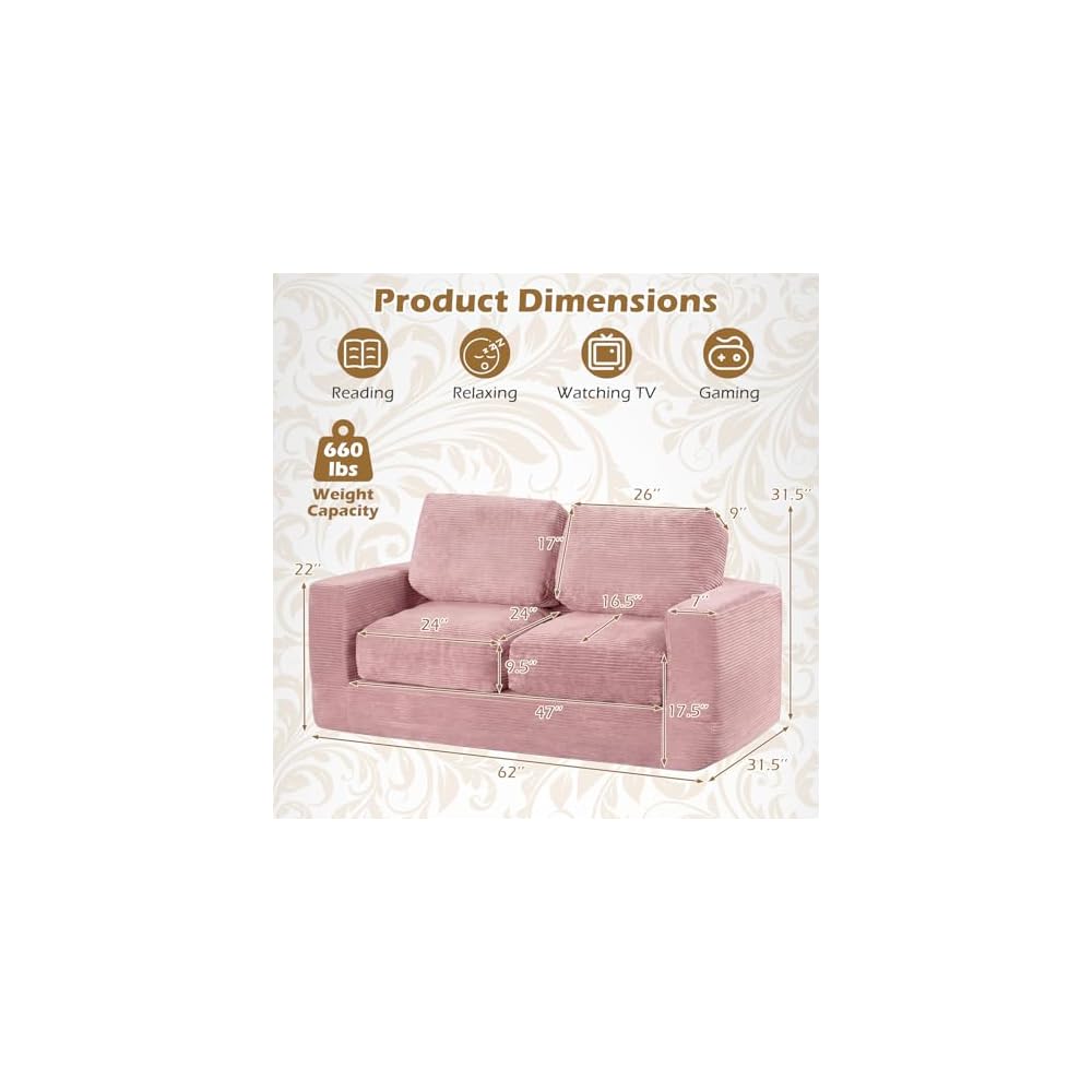 2-Seater Floor Couch, Loveseat Foam Sofa with Removable Corduroy Cover, Back & Seat Cushions, No Assembly, Boneless Loveseat Sofa for Small Spaces, Apartment, Living Room (Pink)