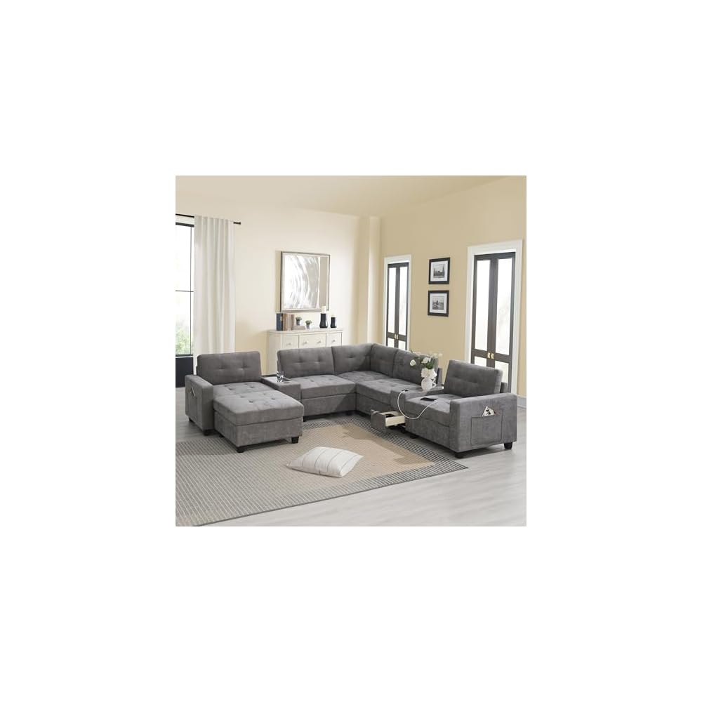 104'' Sectional Sofa with Acrylic Table Top,Chenille U Shaped Couch Set with 2 Consoles,USB Charger,Storage Drawers and Pockets,Movable Ottoman,Tufted Sofa for Living Room,Apartment, Gray