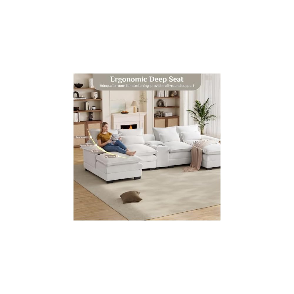124" Oversized U Shaped Cloud Couch Modular Sectional Couches for Living Room Comfy Chenille Deep Seat Sofa Set with Double Chaise Lounge, Storage Central Console, Cup Holders, USB Port, Beige