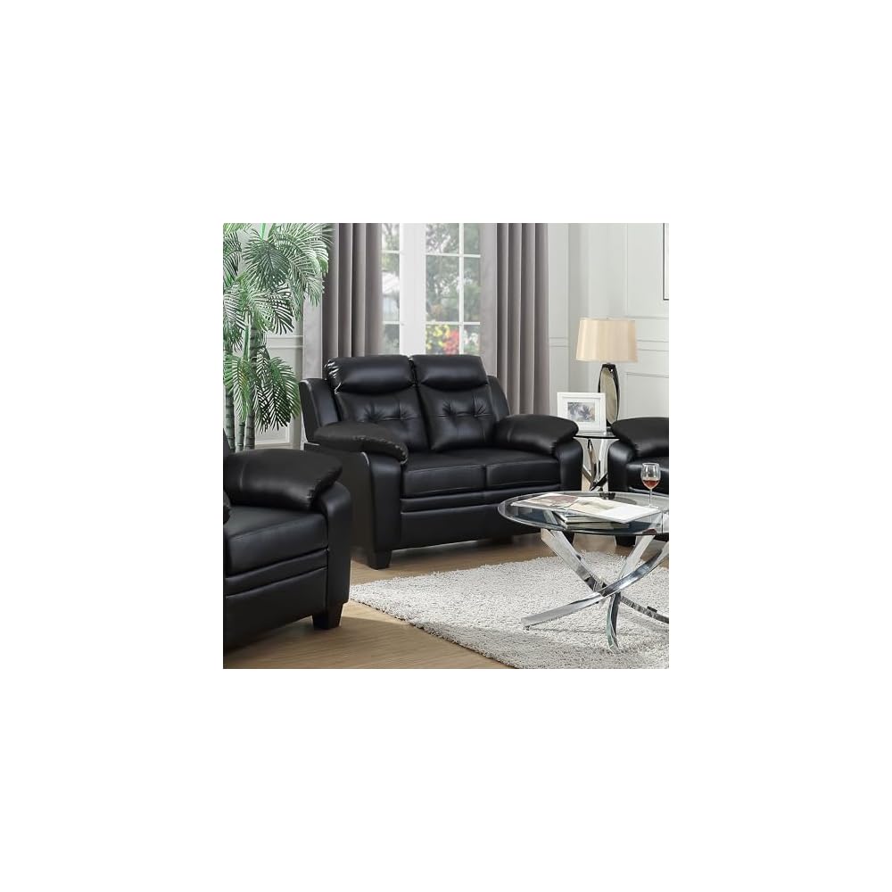 Coaster Home Furnishings - Finley - Leatherette - Upholstered Tufted Loveseat with Flared Armrest, and Tapered Legs - Living Room - Black - 506552