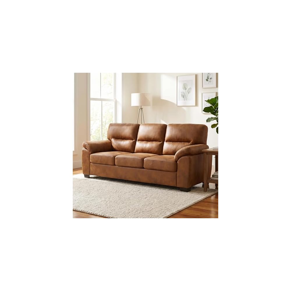 81" Faux Leather Sofa, Mid-Century Modern 3 Seater Couch, Light Brown