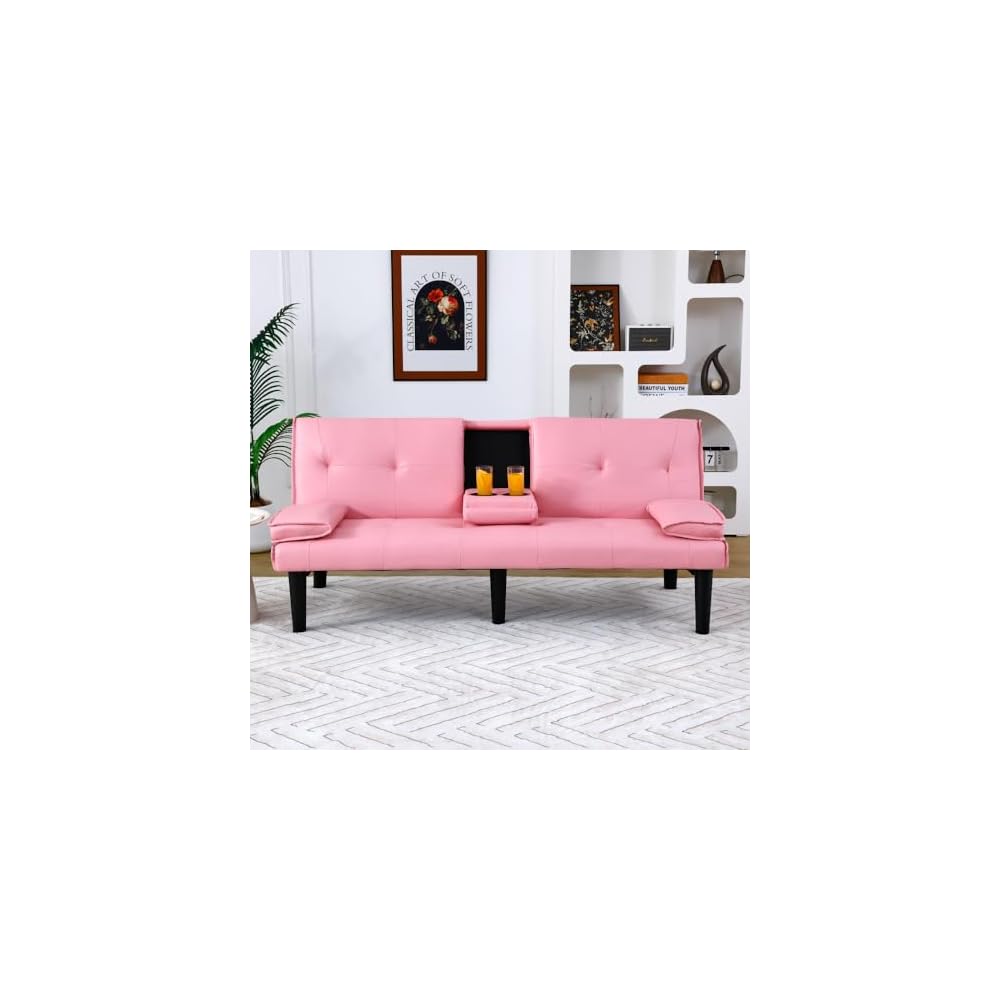 Convertible Sofa Bed, 67-Inch Pink PVC Futon Couch and Sleeper Sofa with Foldable Backrest and Cup Holders for Living Room, Apartment and Guest Room