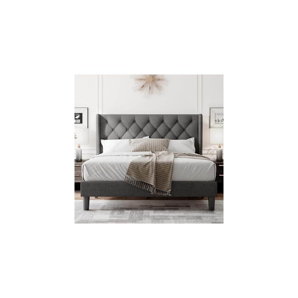 Queen Size Bed Frame with Diamond Tufted Wingback Headboard, Morden Upholstered Platform Bed, Sturdy Wooden Slats Support, Noise-Free, No Box Spring Needed, Easy Assembly, Dark Gray