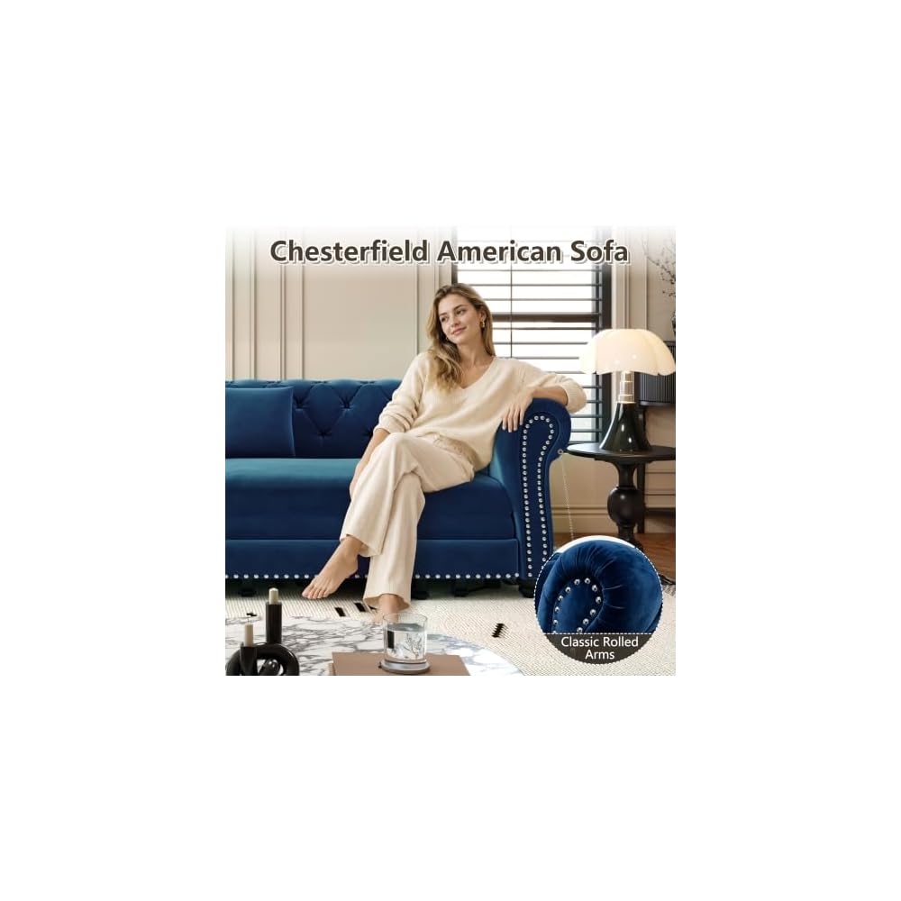 89" W 3-in-1 Convertible Sleeper Sofa Bed, King Size Pull-Out Sofa with Chaise Lounge, Velvet Tufted 3-Seater Sofa and Movable Ottoman for Living Room (Blue)