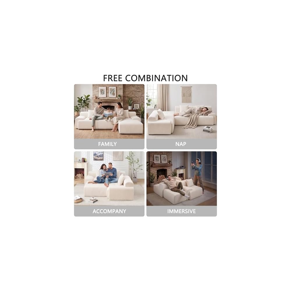 Plush Corduroy 118" Modular Sectional Sofa, Modern Boneless L-Shaped Cloud Couch with Chaise, Deep Seat Upholstered Comfy Living Room Couch, No Assembly Required,Beige