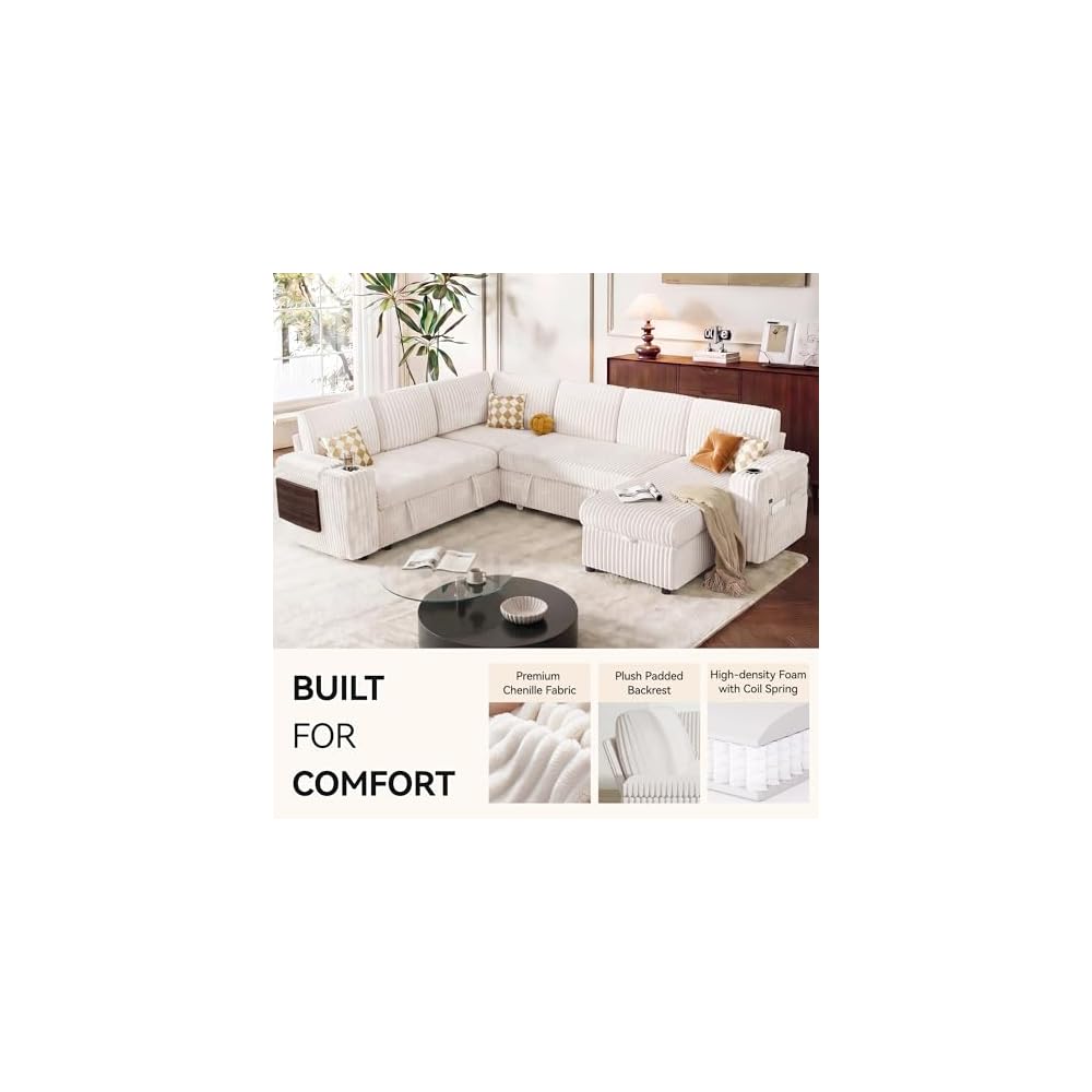 Modular Sectional Sleeper Sofa with Pull Out Bed, 108”U Shaped, Ivory