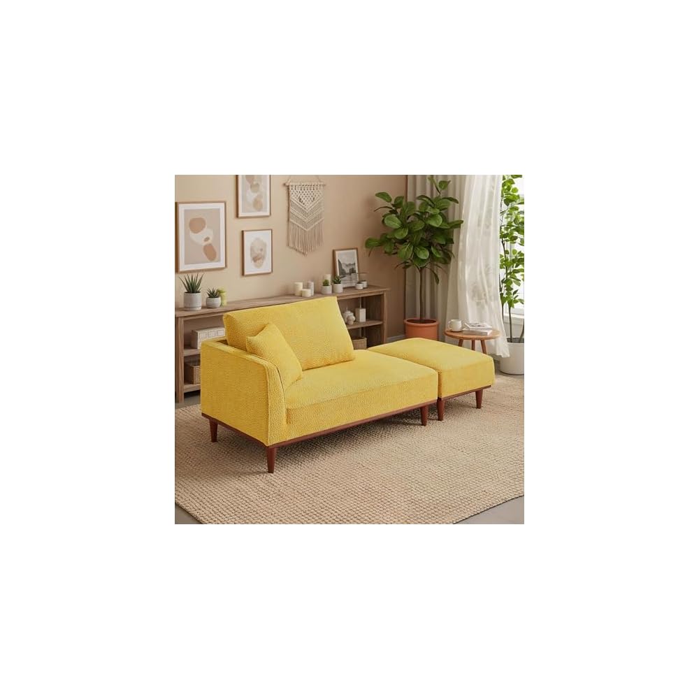 Upholstered Chaise Lounge Chair Indoor with Ottoman & Armrest & Lumbar Pillow, Boucle Fluffy Reading Chair, Modern Leisure Recliner Sofa for Office Living Room Bedroom (Yellow, Left Facing)