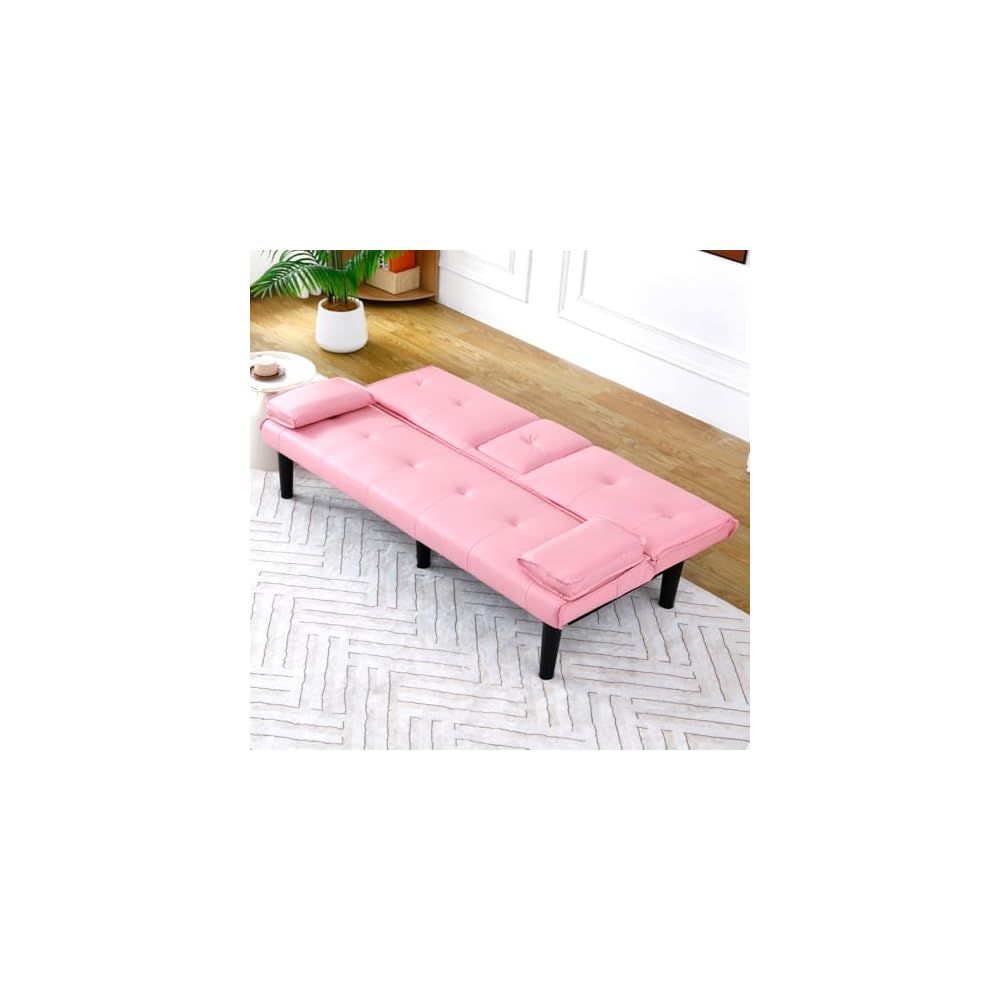Convertible Sofa Bed, 67-Inch Pink PVC Futon Couch and Sleeper Sofa with Foldable Backrest and Cup Holders for Living Room, Apartment and Guest Room