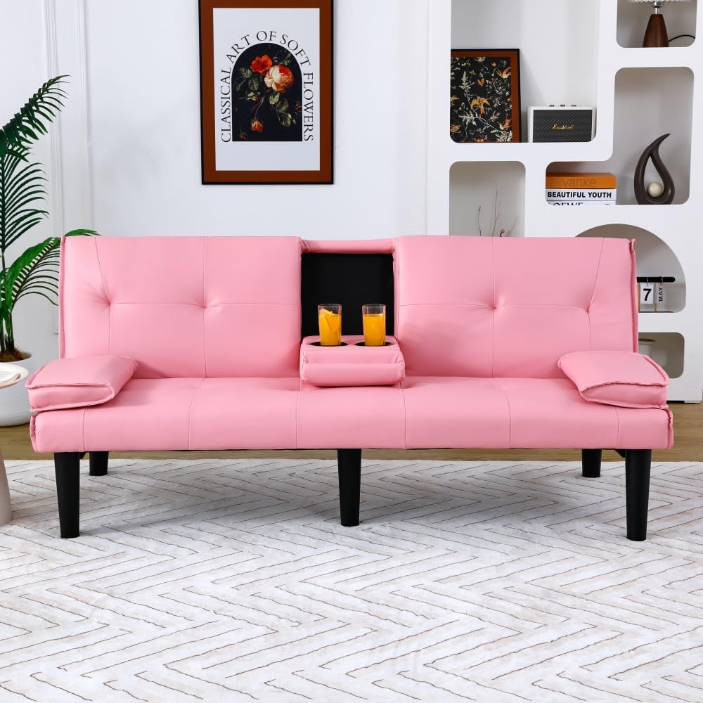 Convertible Sofa Bed, 67-Inch Pink PVC Futon Couch and Sleeper Sofa with Foldable Backrest and Cup Holders for Living Room, Apartment and Guest Room
