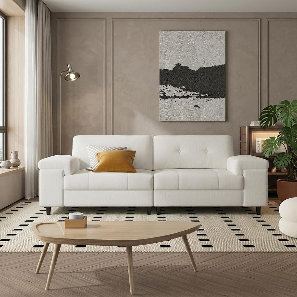 85" Modern Chenille Sofa with Adjustable Armrests, Deep Seat 3-Seater Couch with Button-Tufted Back, Multi-Functional Upholstered Loveseat for Living Room & Bedroom, Easy Assembly (Beige)