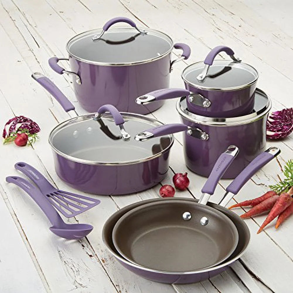 Rachael Ray Cucina 12pc Hard Porcelain Enamel Nonstick Cookware Pots and Pans Set, Lavender Purple
