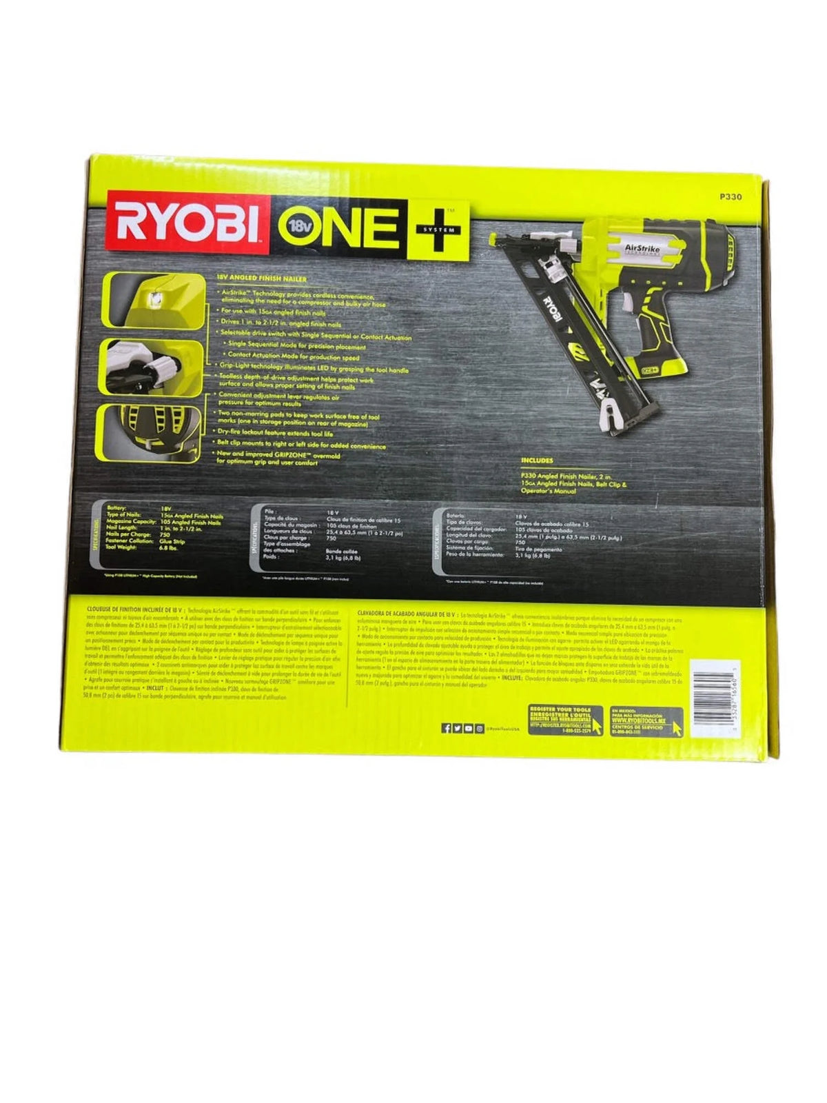 Ryobi P330 18V ONE+ Angled 15 Ga Finish Nailer Battery and Charger Not Included