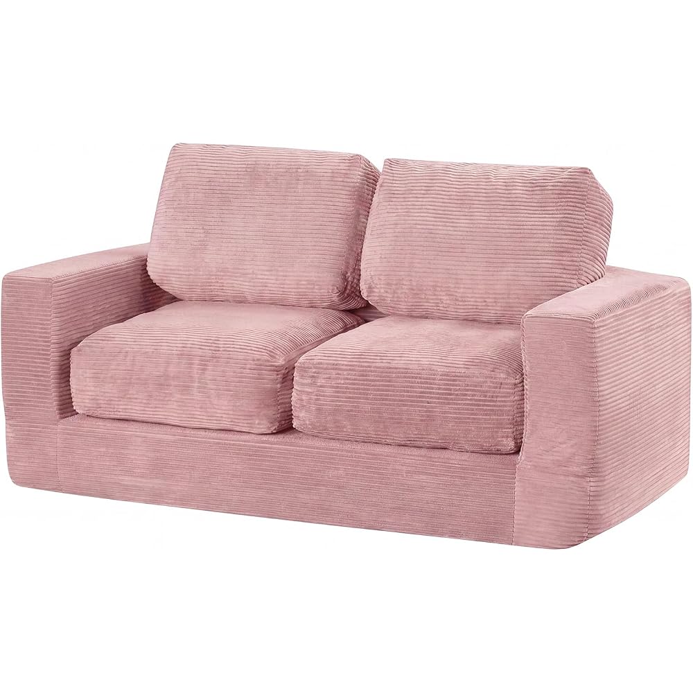 2-Seater Floor Couch, Loveseat Foam Sofa with Removable Corduroy Cover, Back & Seat Cushions, No Assembly, Boneless Loveseat Sofa for Small Spaces, Apartment, Living Room (Pink)