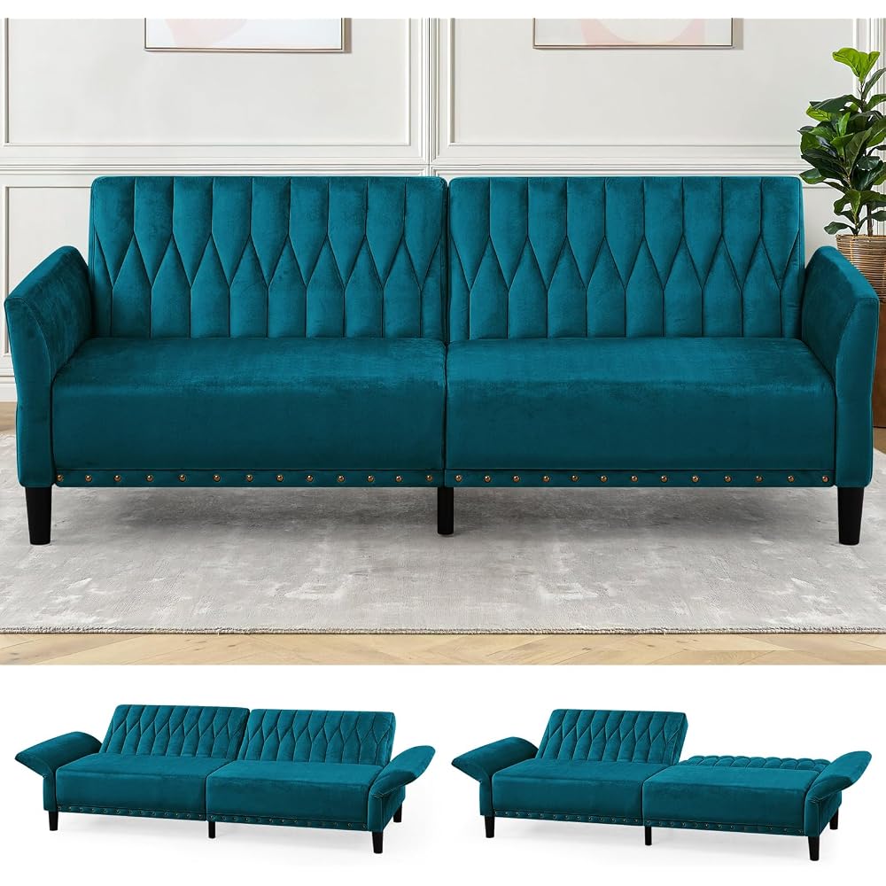 77" Velvet Futon Sofa Bed w/Adjustable Backrests & Armrests, Teal