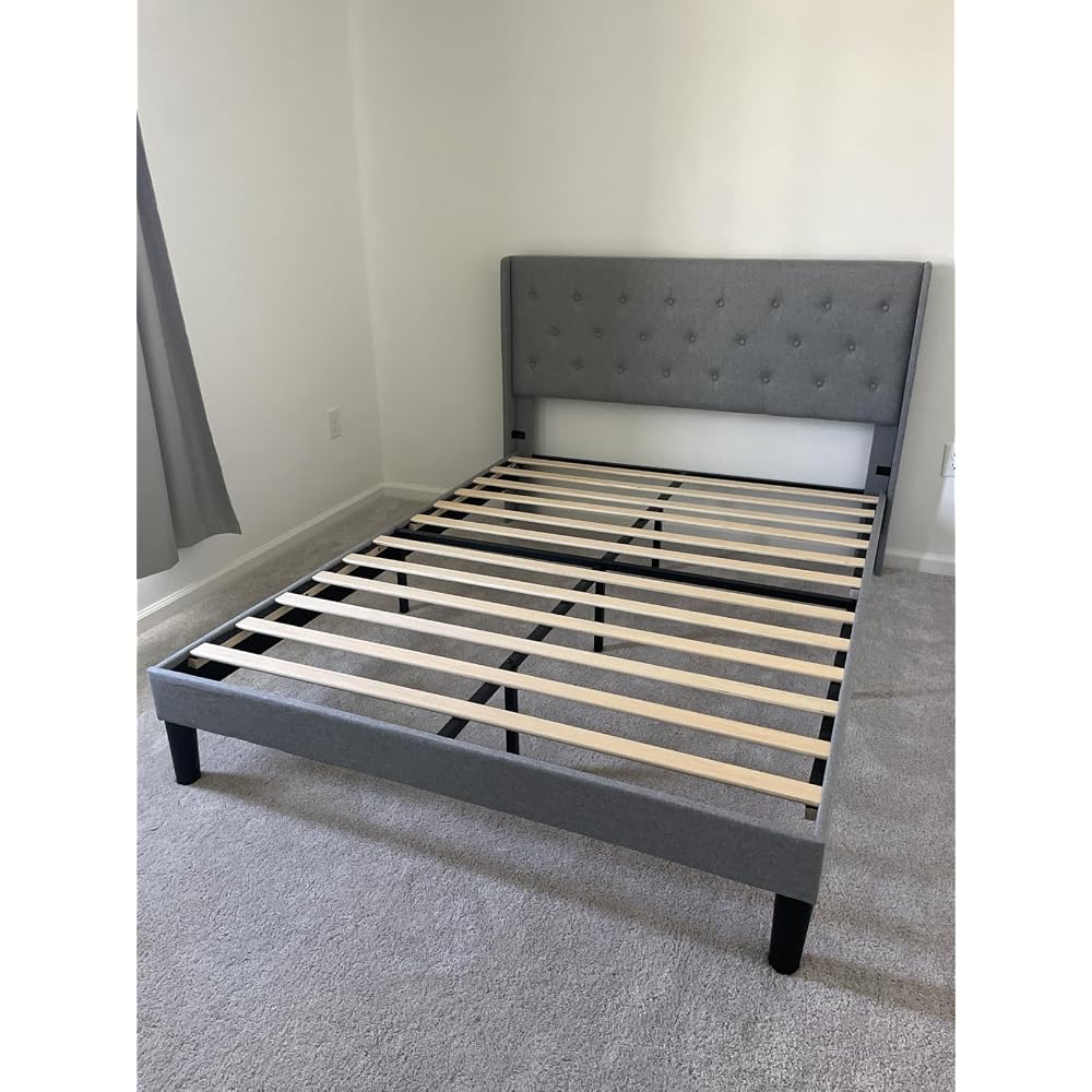 Queen Size Bed Frame with Diamond Tufted Wingback Headboard, Morden Upholstered Platform Bed, Sturdy Wooden Slats Support, Noise-Free, No Box Spring Needed, Easy Assembly, Dark Gray