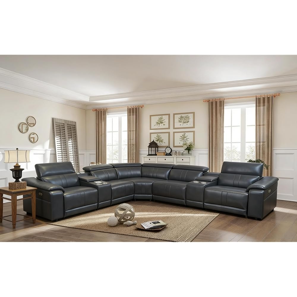 227“ Oversized L-Shaped Power Recliner Sectional Sofa 3Seat with Bluetooth Speakers LED Strip, Wireless Charging Storage Console Cup Holders Tech Leather for Living Room Home Theater, Dark Grey