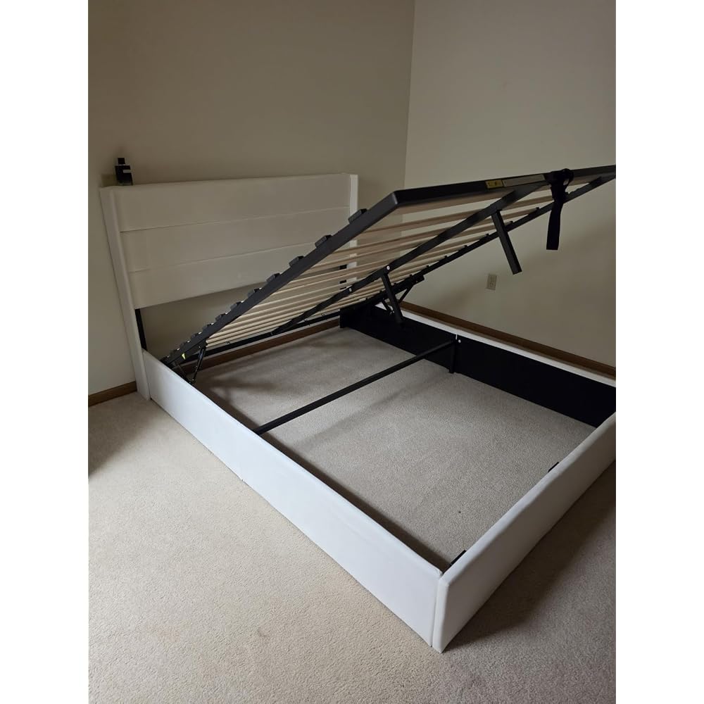 Queen Size Chenille Lift Up Hydraulic Storage Bed Frame Cream White