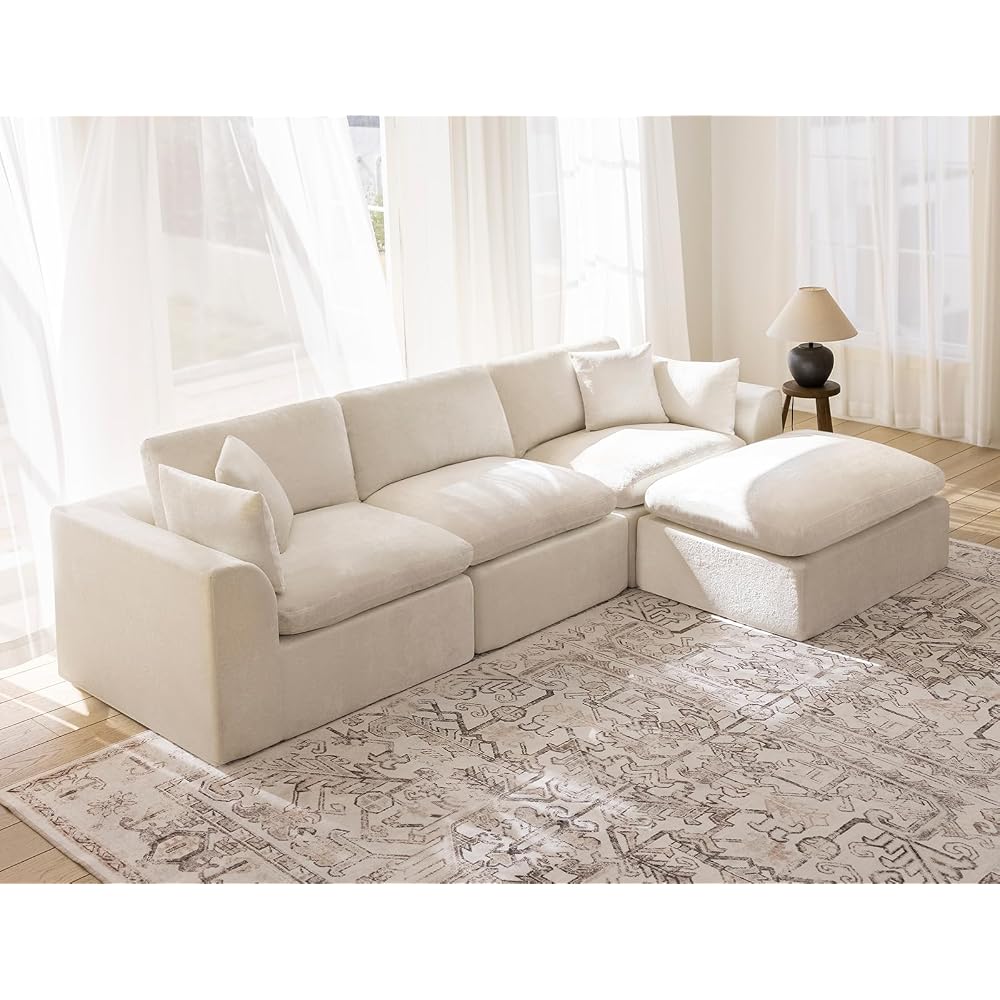 115" Modular Sectional Sofa – Modern Cloud Couch with Deep Chenille Seats, L-Shaped Boneless Sofa, Pet-Friendly, No Assembly, Warm White