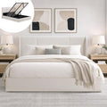 Queen Lift Up Storage Bed Frame, Velvet-Look Upholstered Bed with Modern Wingback Headboard, Gas Lift Storage, Wood Slat Support, No Box Spring Needed, White