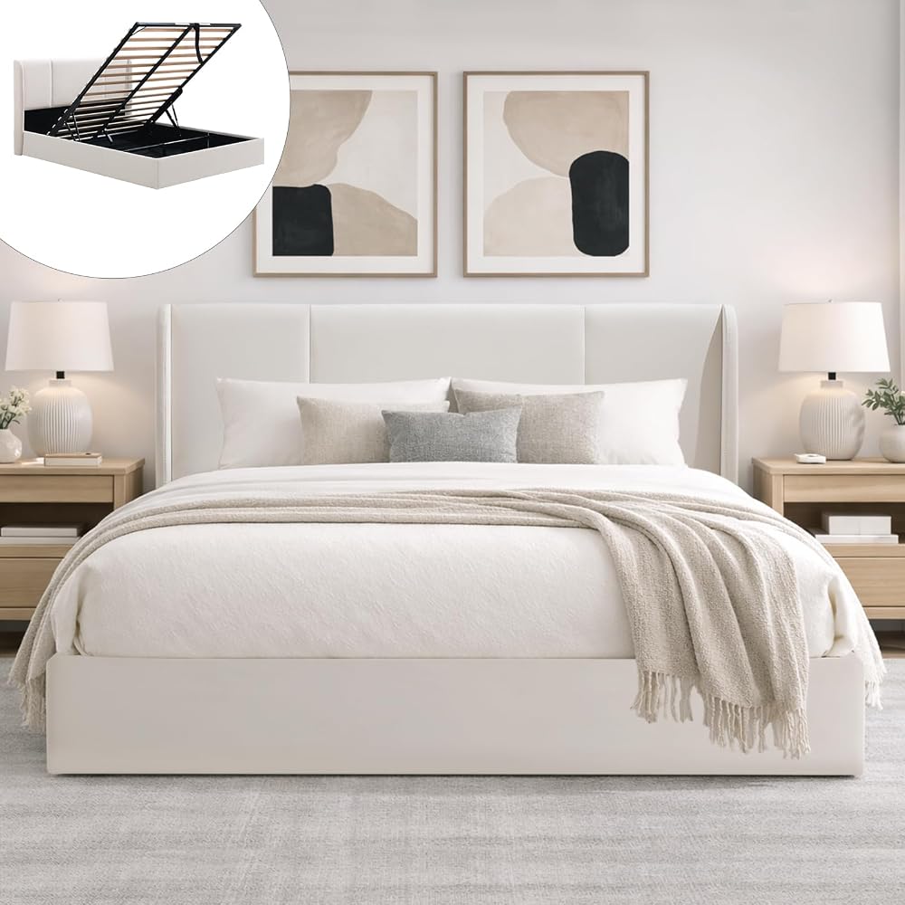 Queen Lift Up Storage Bed Frame, Velvet-Look Upholstered Bed with Modern Wingback Headboard, Gas Lift Storage, Wood Slat Support, No Box Spring Needed, White