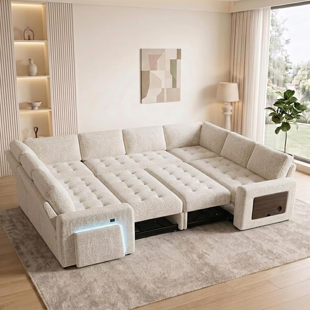 102" Sectional Sleeper Sofa with Pull-Out Bed 8 Seat Modern U-Shaped Modular Couch Reclining Backrest, USB Ports, LED Light, Side Table, Storage Seat, Tool-Free Assembly, Chenille Beige