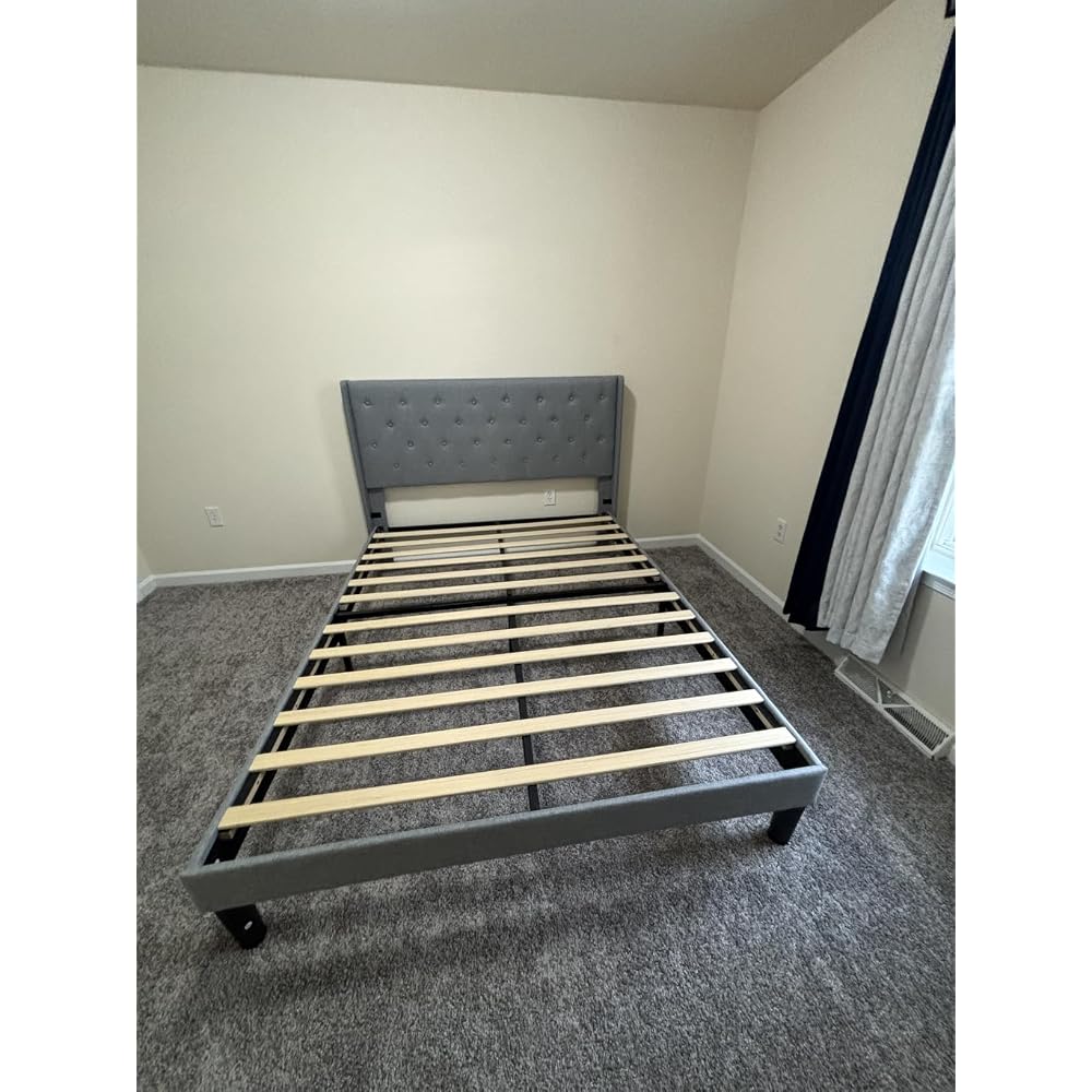 Queen Size Bed Frame with Diamond Tufted Wingback Headboard, Morden Upholstered Platform Bed, Sturdy Wooden Slats Support, Noise-Free, No Box Spring Needed, Easy Assembly, Dark Gray