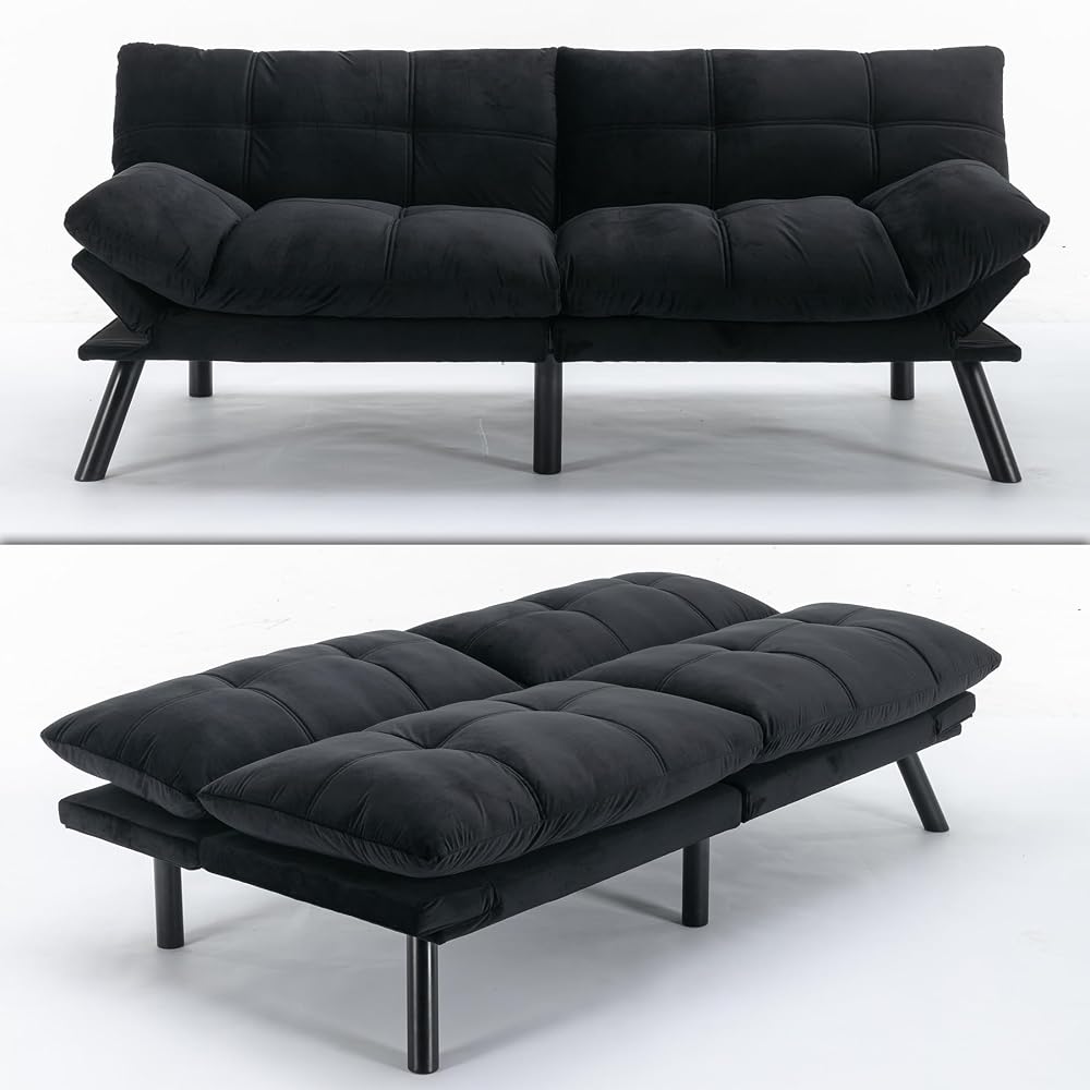 71" Velvet Futon Couch Bed with Mattress Included,Convertible Folding Sleeper Sofa Bed with Adjustable Backrests,Modern Loveseat Sleeper for Living Room Bedroom Small Space Home Office (Black)