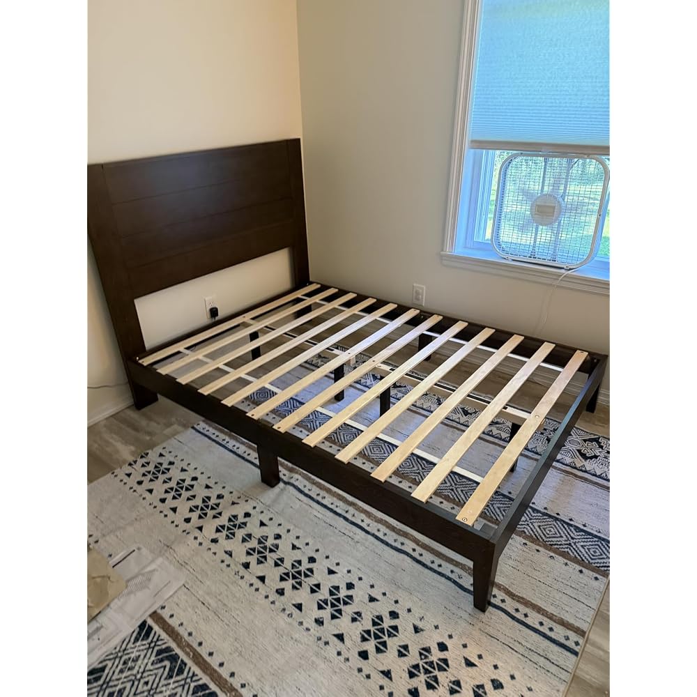 Full Size Solid Wood Platform Bed with Mid Century Style, Brown