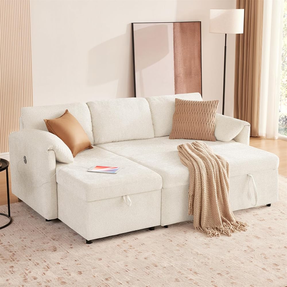 83'' 3 in 1 Sleeper Sofa Couch with USB & Storage Chaise, Sherpa Sofa Bed with Pull Out Bed, Convertible Sleeper Sofas for Living Room, Small Spaces, White