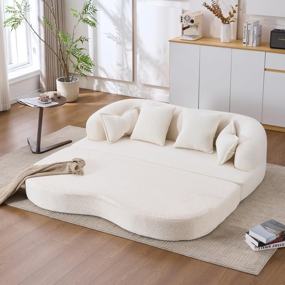 2-in-1 Chenille Convertible Love Seat Sleeper Sofa, 70'' Folding Compressed Sofa Bed with 4 Pillows, Modern Boneless Curved Couch for Living Room, Apartment, No Assembly, White