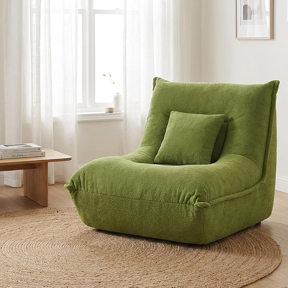Chaise Lounge Chair - Modern Single Seater Floor Sofa with Pillow, Memory Foam Filled Compressed Sofa for Bedroom Game Living Room - Comfortable Ergonomic Lounger, No Assembly Needed, Green