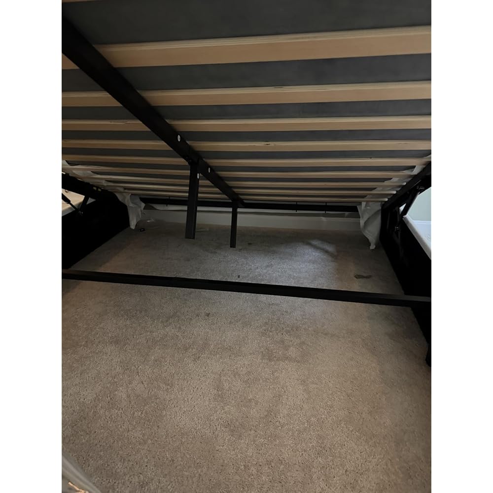 Queen Size Chenille Lift Up Hydraulic Storage Bed Frame Cream White