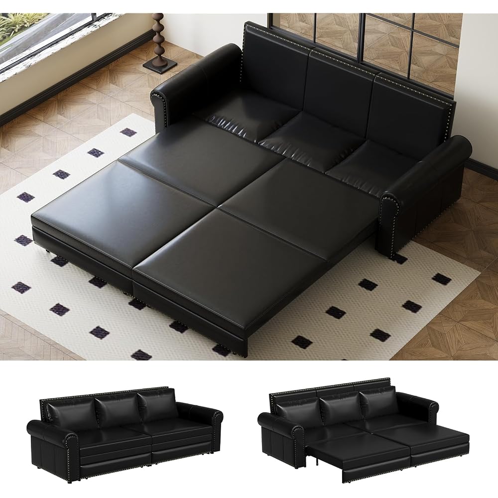 93.7"King Size Pull Out Sofa Bed, 3-in-1 Faux Leather Convertible Sleeper Sofa with Ultra Rolled Armrests, Tufted Modern Sofa with 3 Pillows, for Bedroom, Living Room, Apartment (Leather Black)