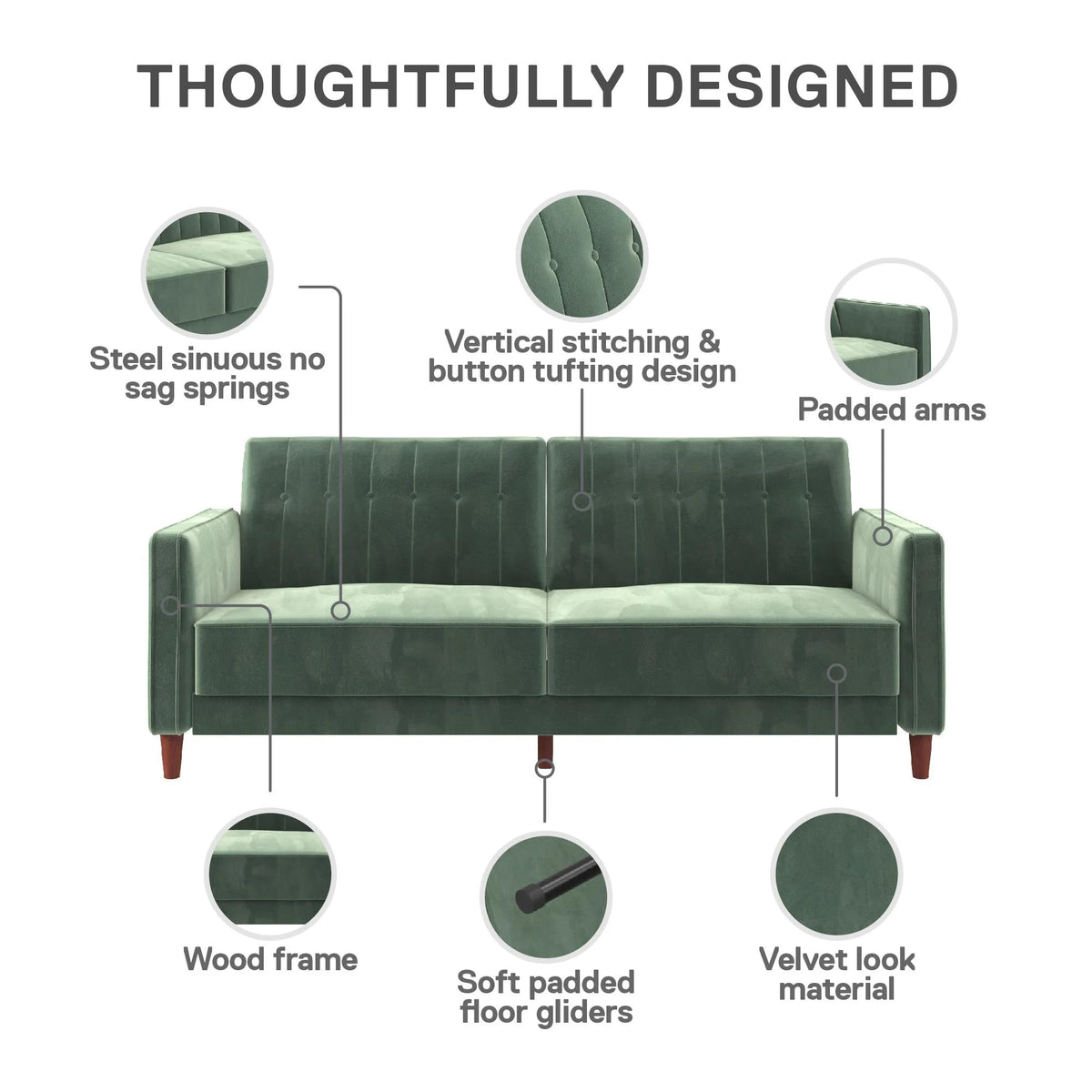 DHP Pin Tufted Transitional Futon, Light Green Velvet